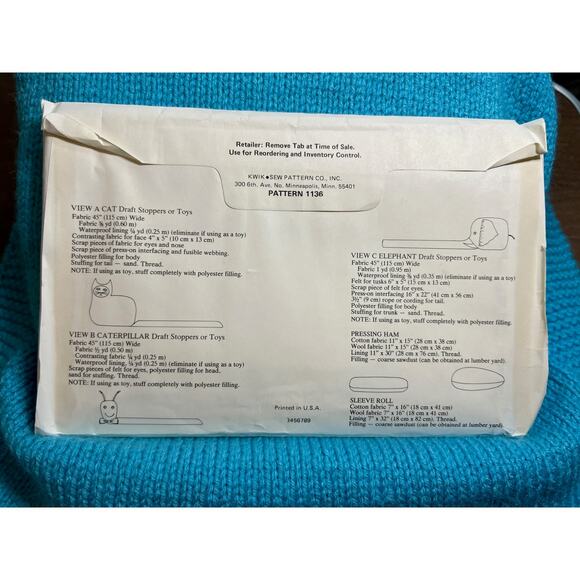 Kwik Sew 1136 pattern Draft stopper toys cat elephant caterpillar pressing ham - Picture 3 of 5